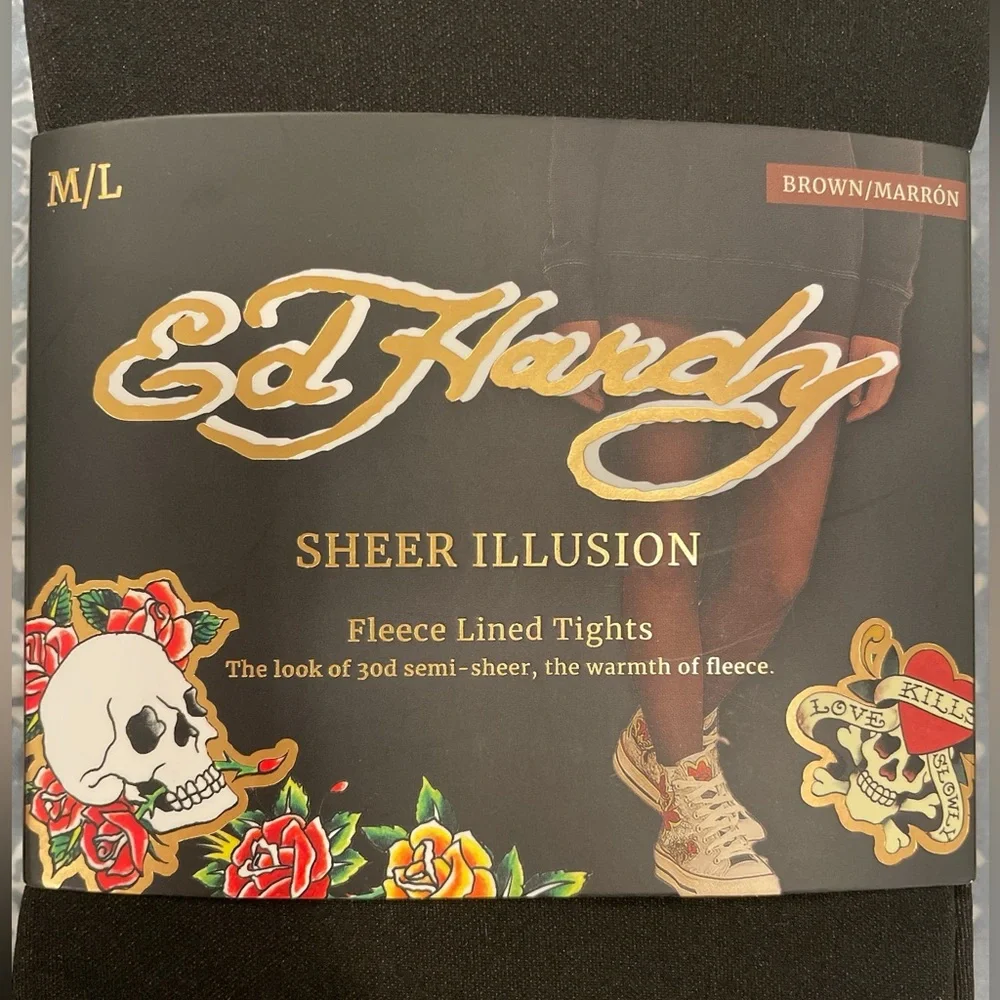 Ed Hardy Sheer Illusion Brown Fleeced Lined Tights Size M/L